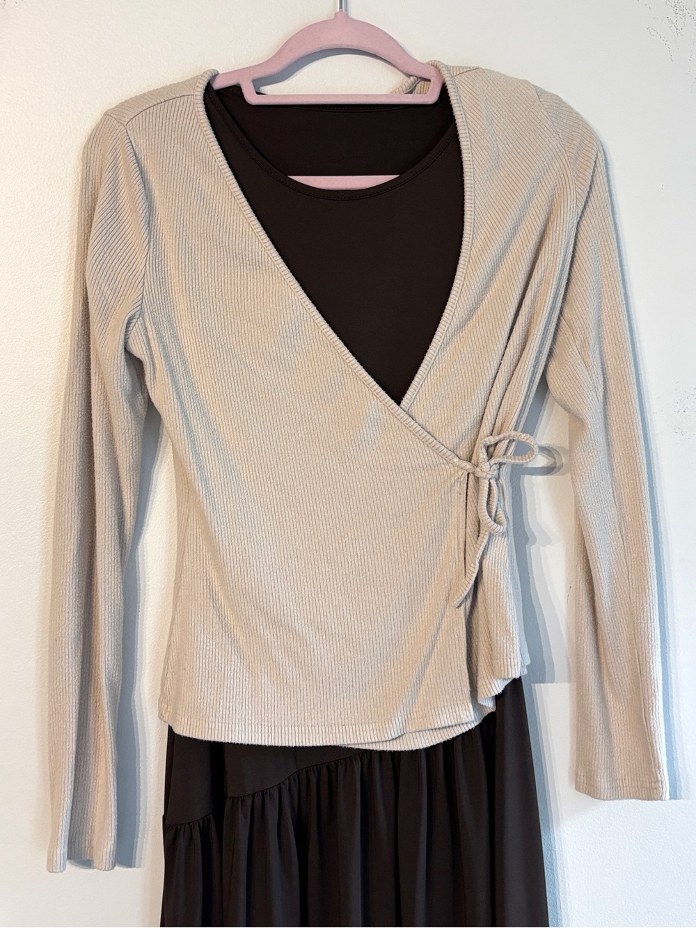Ribbed Wrap Long-Sleeve Top in Cream